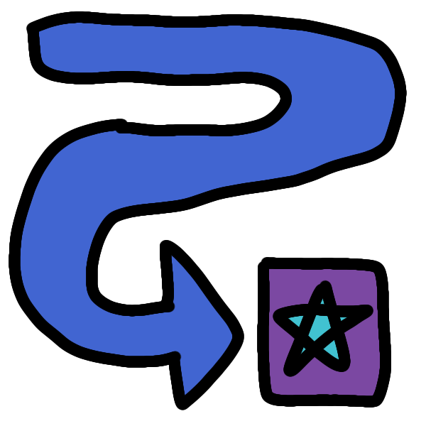  a curvy, thick blue arrow points to the sides, down, and then to a purple square with a cyan star in it.